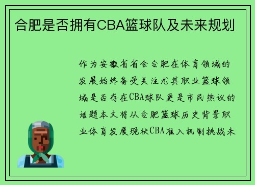 合肥是否拥有CBA篮球队及未来规划