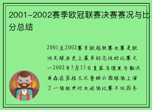 2001-2002赛季欧冠联赛决赛赛况与比分总结