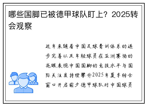 哪些国脚已被德甲球队盯上？2025转会观察